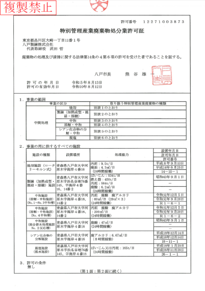 特別管理産業廃棄物処分業許可証